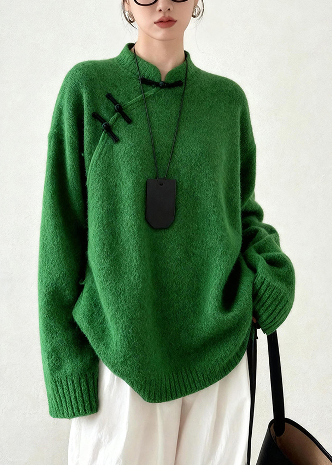 DIY Tea Green Mandarin Collar Chinese Button Knit Sweater Tops Winter