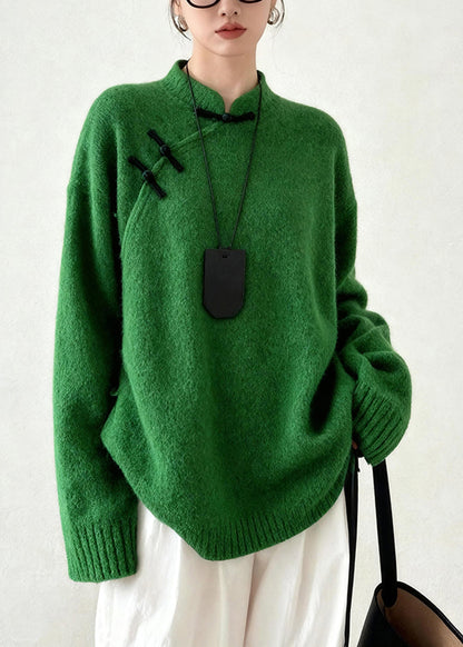 DIY Tea Green Mandarin Collar Chinese Button Knit Sweater Tops Winter