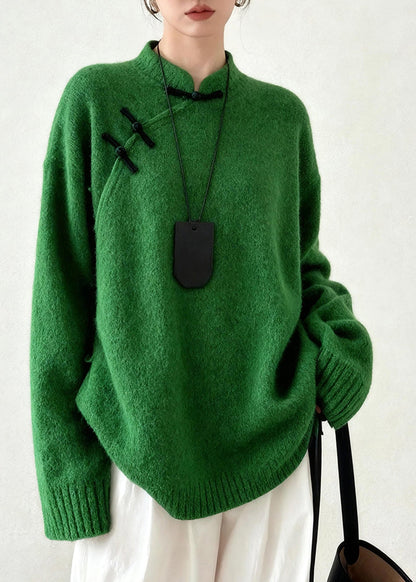 DIY Tea Green Mandarin Collar Chinese Button Knit Sweater Tops Winter