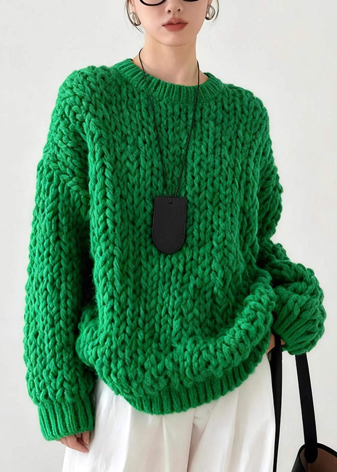 DIY Tea Green Oversized Cable Knit Sweater Tops Winter