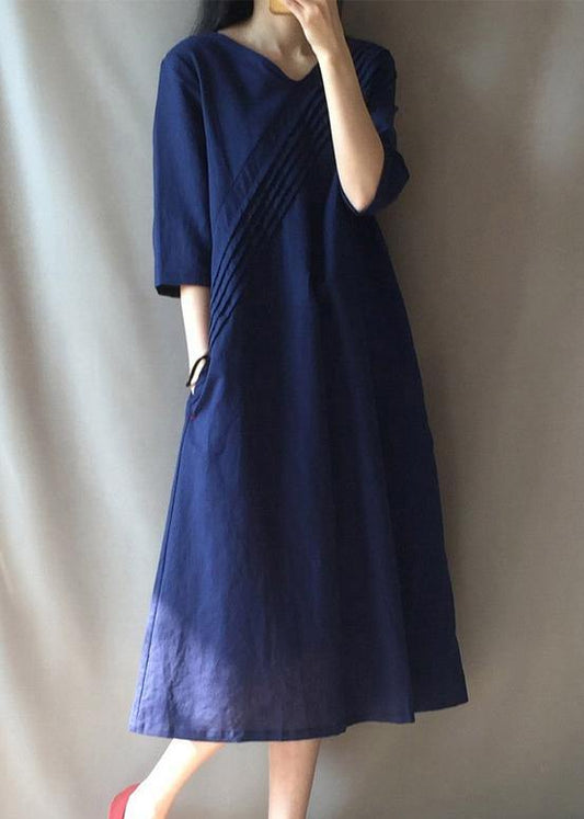 DIY V Neck Half Sleeve Long Shirts Neckline Navy Traveling Dress - SooLinen