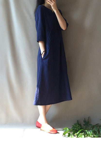 DIY V Neck Half Sleeve Long Shirts Neckline Navy Traveling Dress - SooLinen