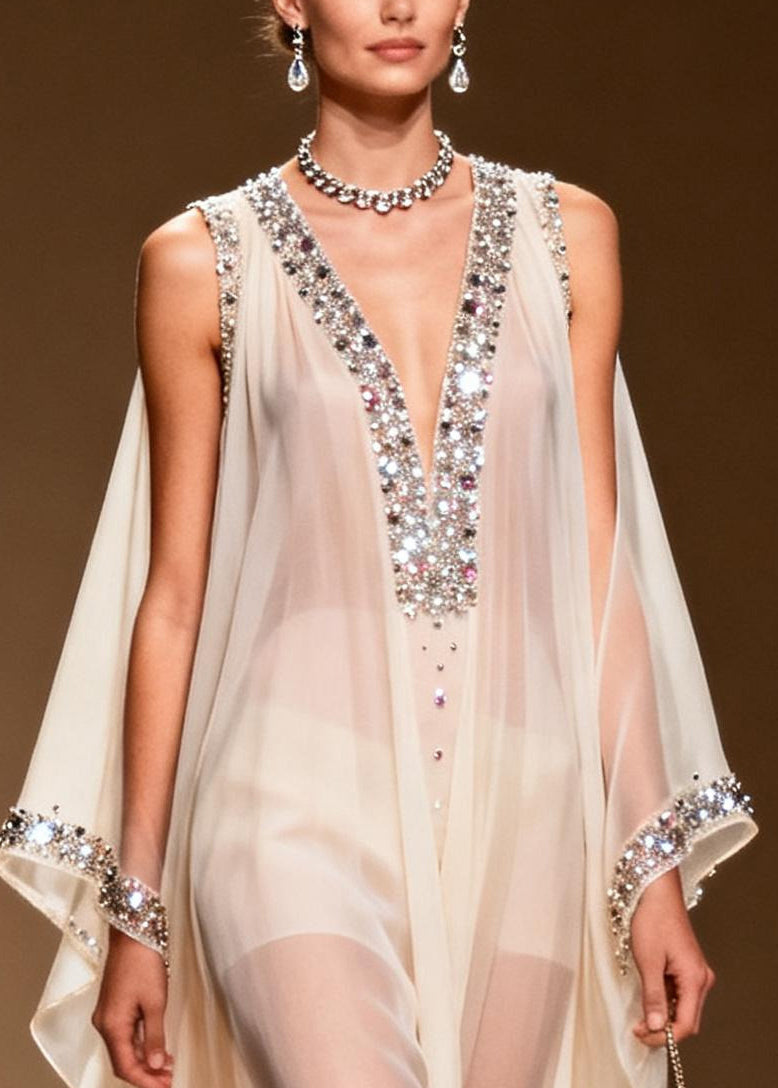 DIY White Cold Shoulder Rhinestone Chiffon Sheer Dress Summer