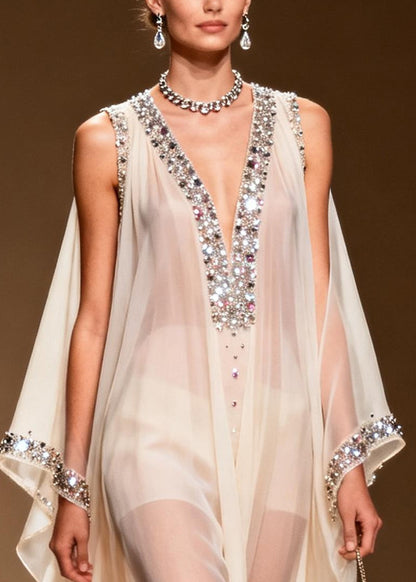 DIY White Cold Shoulder Rhinestone Chiffon Sheer Dress Summer