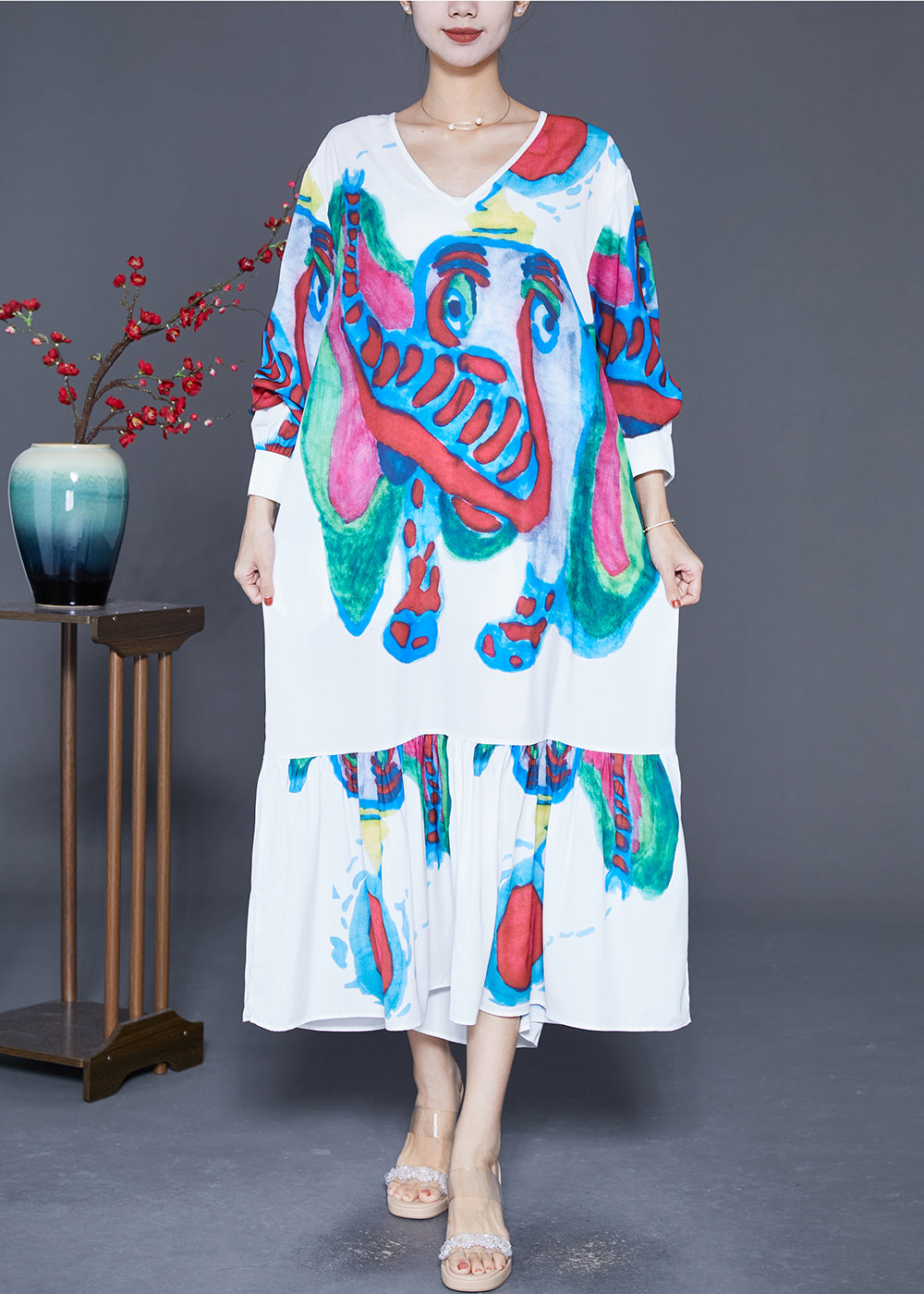 DIY White Elephant Graffiti Patchwork Ruffles Chiffon Party Dress Summer