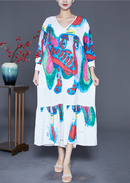 DIY White Elephant Graffiti Patchwork Ruffles Chiffon Party Dress Summer