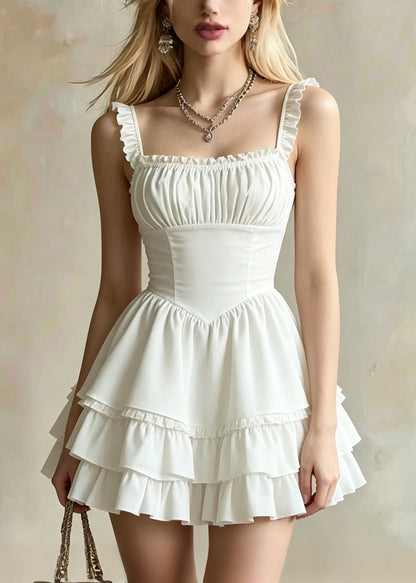 DIY White Ruffles Layered Cotton Mini Dress Summer