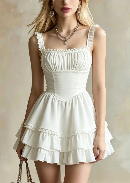 DIY White Ruffles Layered Cotton Mini Dress Summer