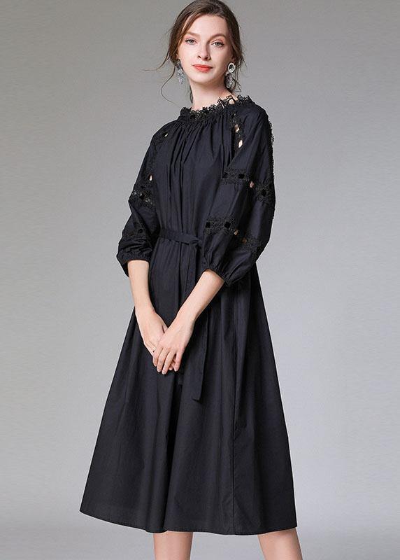 DIY White Slash Necktie Waist Cotton Fall Long Dress Half Sleeve - SooLinen