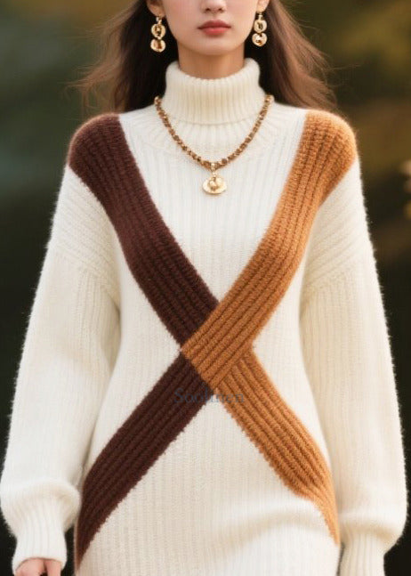 DIY White Turtle Neck Patchwork Knitted Dress Winter