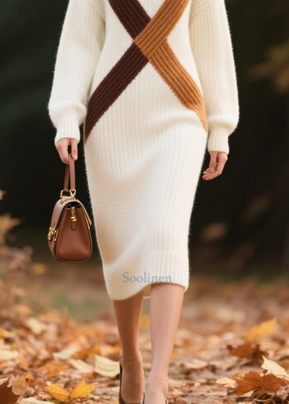 DIY White Turtle Neck Patchwork Knitted Dress Winter