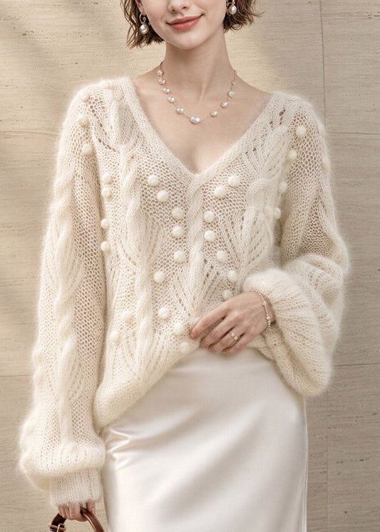 DIY White V Neck Patchwork Fuzzy Ball Decorated Cotton Knit Sweater Tops Fall