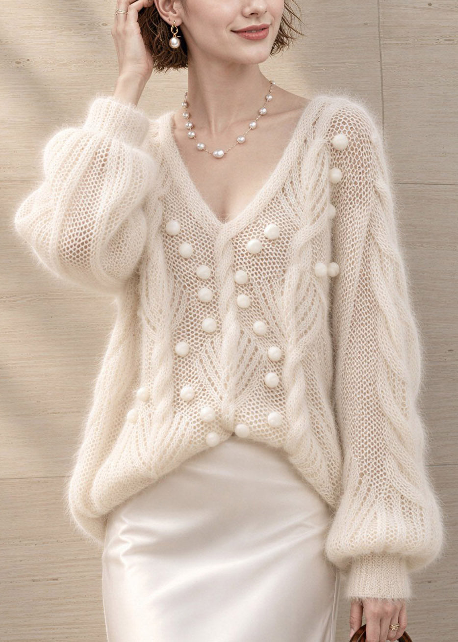 DIY White V Neck Patchwork Fuzzy Ball Decorated Cotton Knit Sweater Tops Fall