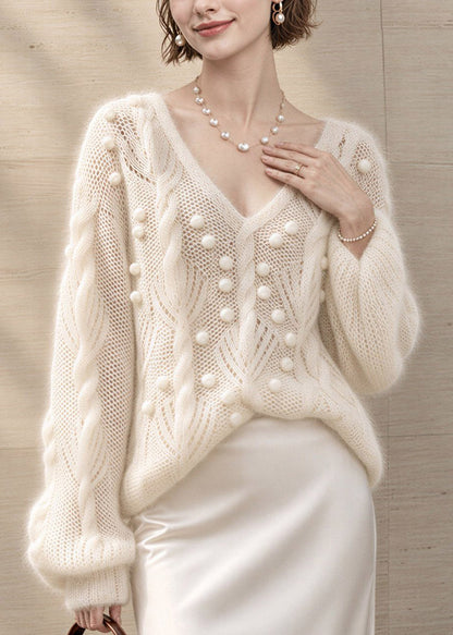 DIY White V Neck Patchwork Fuzzy Ball Decorated Cotton Knit Sweater Tops Fall
