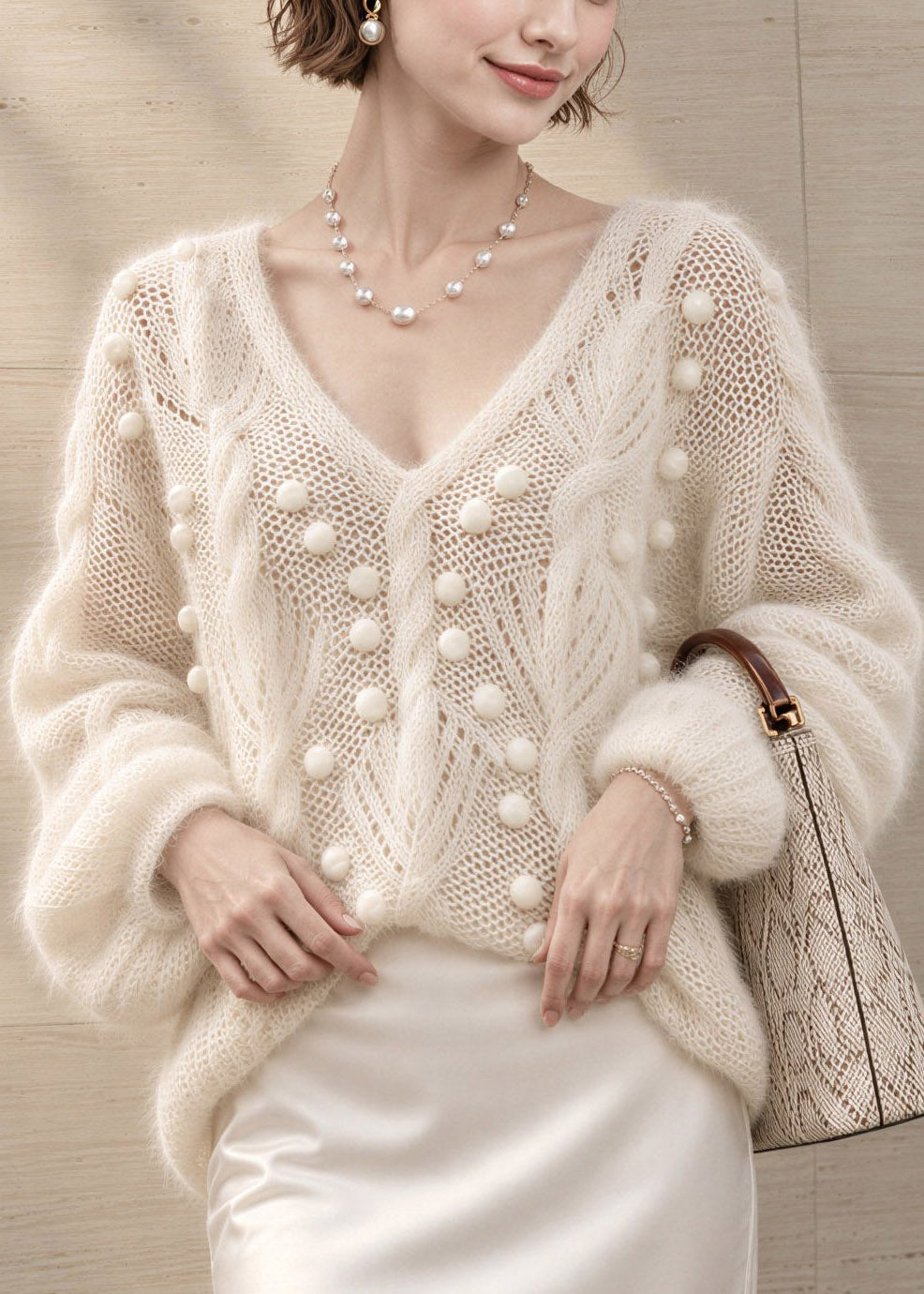 DIY White V Neck Patchwork Fuzzy Ball Decorated Cotton Knit Sweater Tops Fall