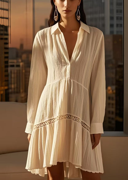 DIY White V Neck Patchwork Wrinkled Cotton Mid Dress Spring