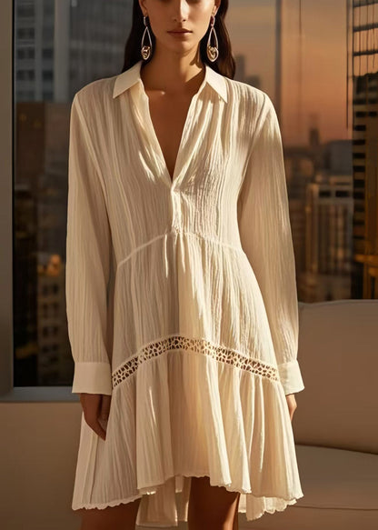 DIY White V Neck Patchwork Wrinkled Cotton Mid Dress Spring