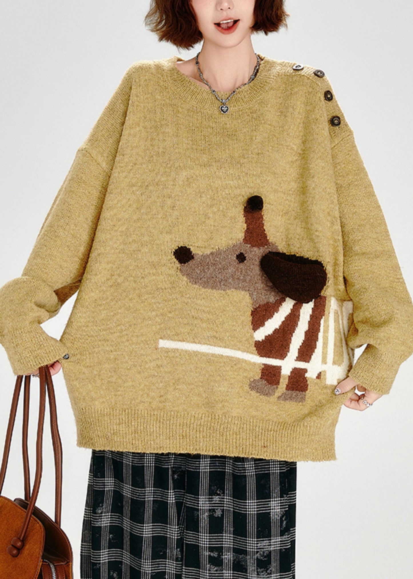 DIY Yellow Asymmetrical Dog Jacquard Knit Sweater Tops Winter
