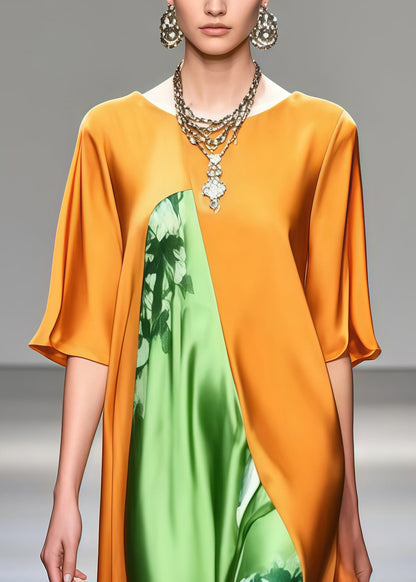DIY Yellow Asymmetrical Patchwork Draping Silk Robe Dresses Summer