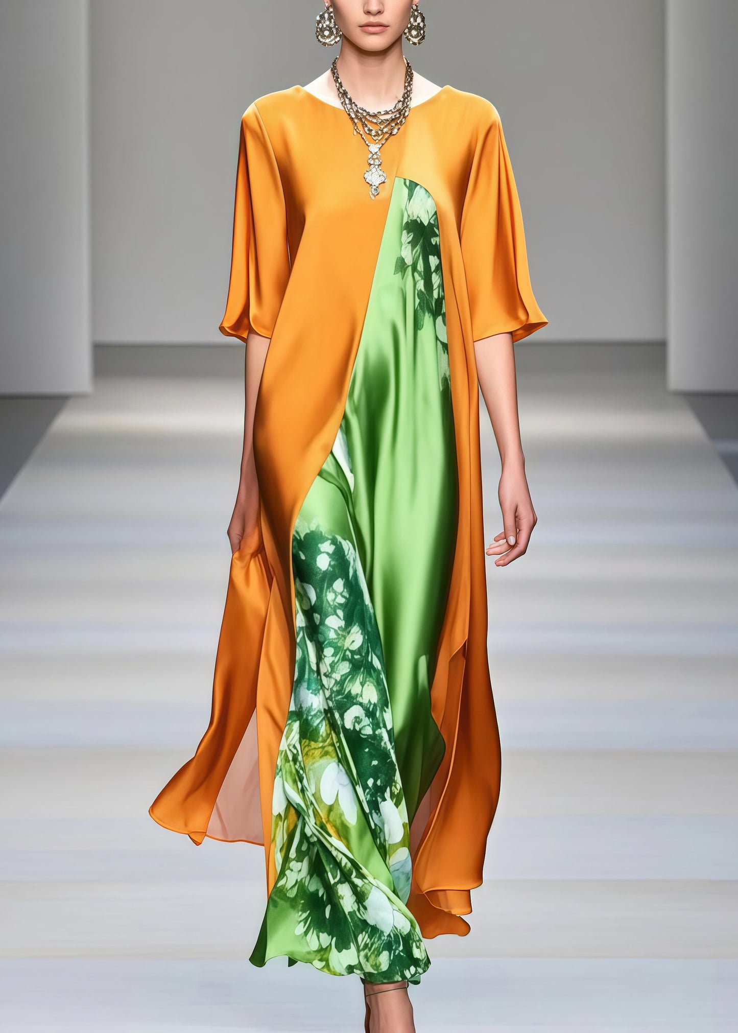 DIY Yellow Asymmetrical Patchwork Draping Silk Robe Dresses Summer