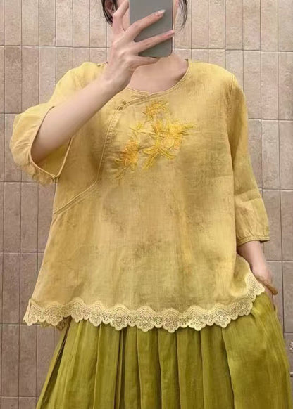 DIY Yellow Embroidered Patchwork Lace Oriental Tops Summer
