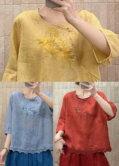 DIY Yellow Embroidered Patchwork Lace Oriental Tops Summer