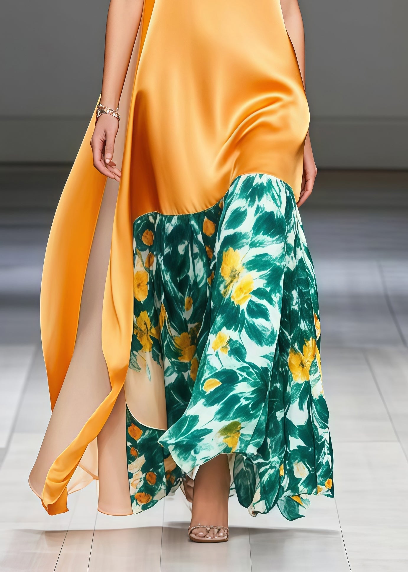 DIY Yellow Print Patchwork Side Open Silk Long Dress Summer