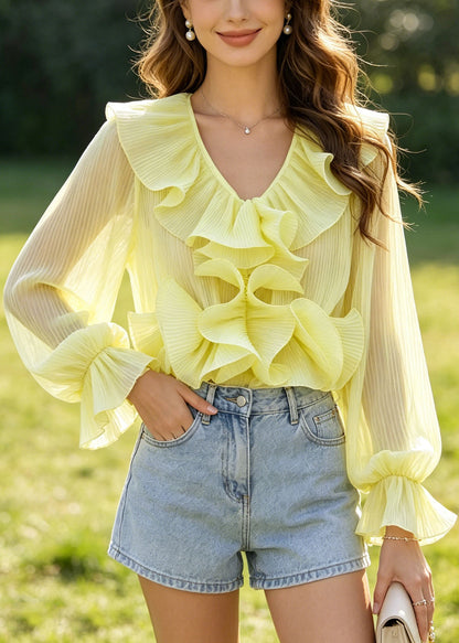 DIY Yellow Ruffled Flower Chiffon Pleated Shirts Summer