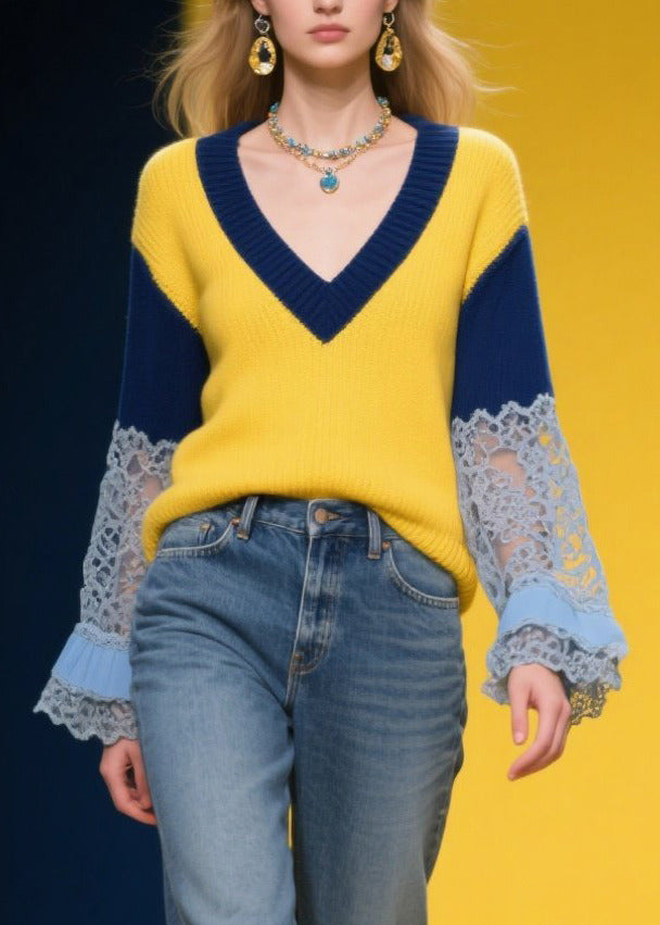 DIY Yellow V Neck Patchwork Lace Knitted Tops Fall