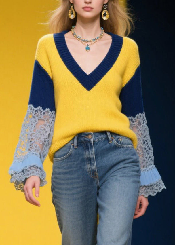 DIY Yellow V Neck Patchwork Lace Knitted Tops Fall
