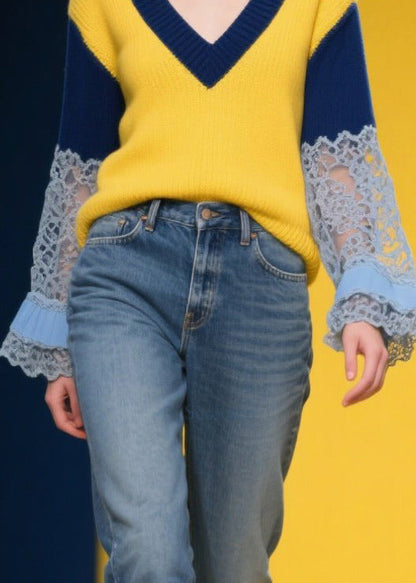 DIY Yellow V Neck Patchwork Lace Knitted Tops Fall