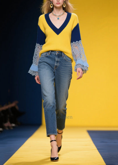 DIY Yellow V Neck Patchwork Lace Knitted Tops Fall