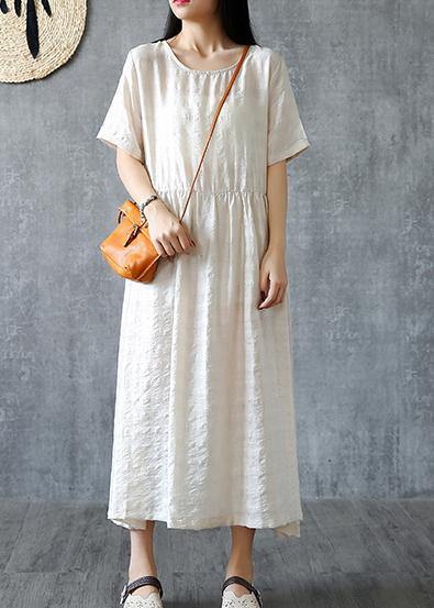 DIY beige linen quilting dresses o neck Cinched Kaftan summer Dresses - SooLinen