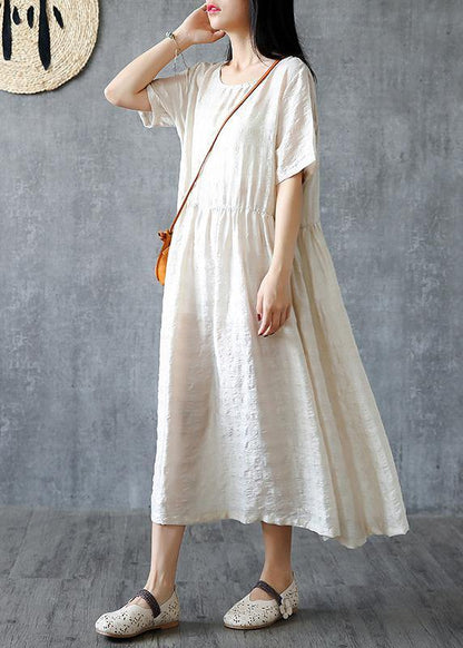 DIY beige linen quilting dresses o neck Cinched Kaftan summer Dresses - SooLinen