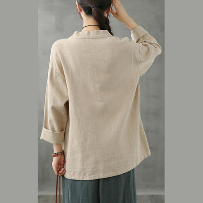 DIY beige shirts women v neck pockets Plus Size Clothing shirt - SooLinen
