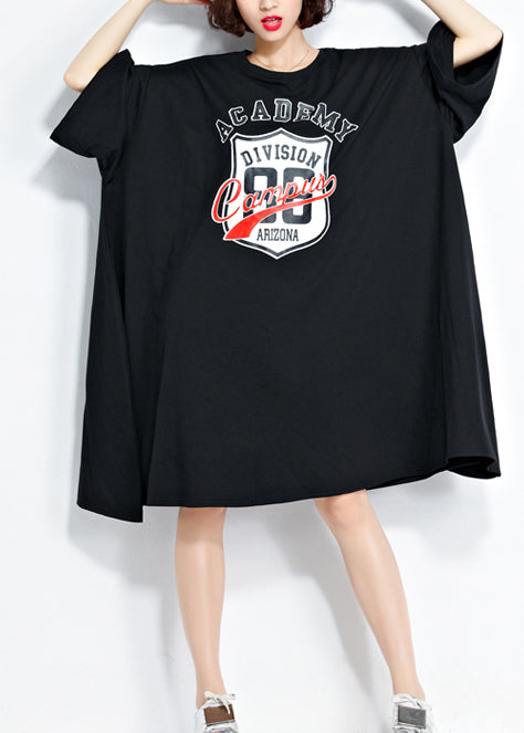 DIY black Cotton Tunics Women pattern o neck asymmetric Knee Summer Dress