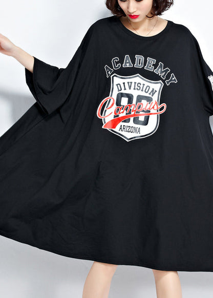 DIY black Cotton Tunics Women pattern o neck asymmetric Knee Summer Dress