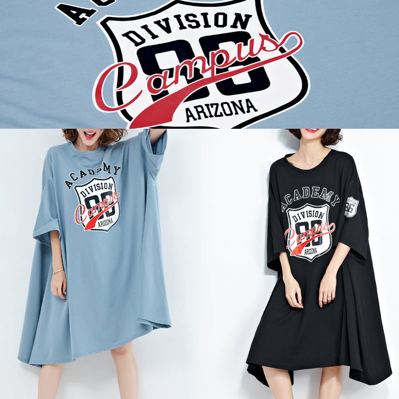 DIY black Cotton Tunics Women pattern o neck asymmetric Knee Summer Dress