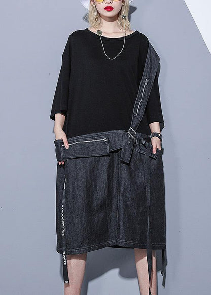 DIY black Cotton dresses o neck zippered oversized summer stylish Dress - SooLinen