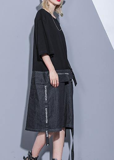 DIY black Cotton dresses o neck zippered oversized summer stylish Dress - SooLinen