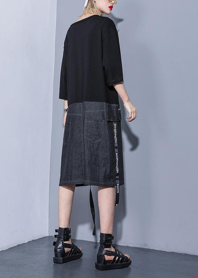 DIY black Cotton dresses o neck zippered oversized summer stylish Dress - SooLinen