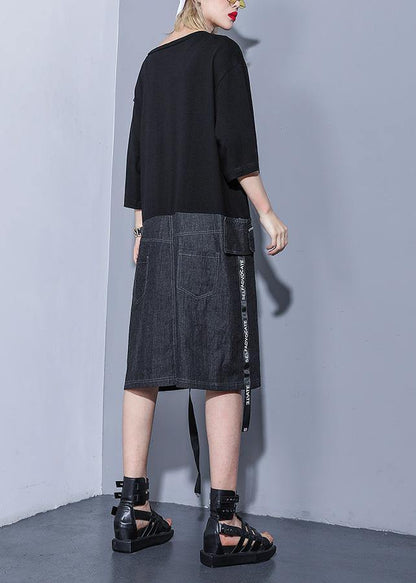 DIY black Cotton dresses o neck zippered oversized summer stylish Dress - SooLinen