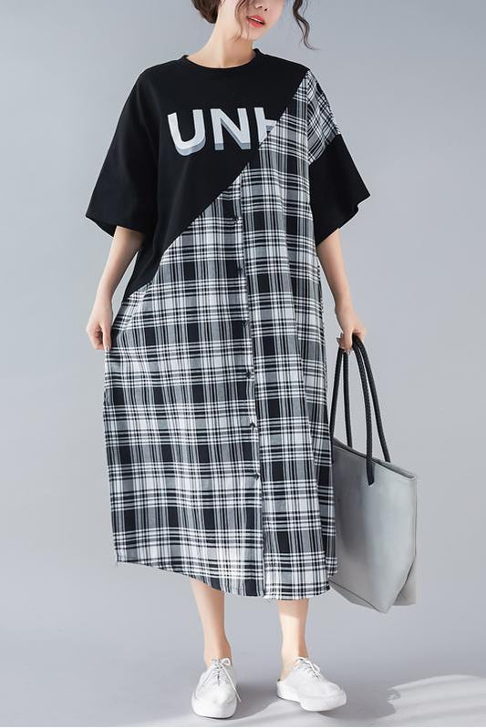 DIY black Plaid cotton quilting clothes Women Work o neck patchwork long Summer Dresses
