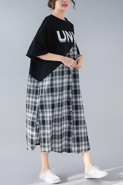 DIY black Plaid cotton quilting clothes Women Work o neck patchwork long Summer Dresses