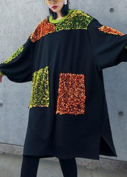 DIY black Sequined decorated cotton dresses patchwork long winter Dresses - SooLinen