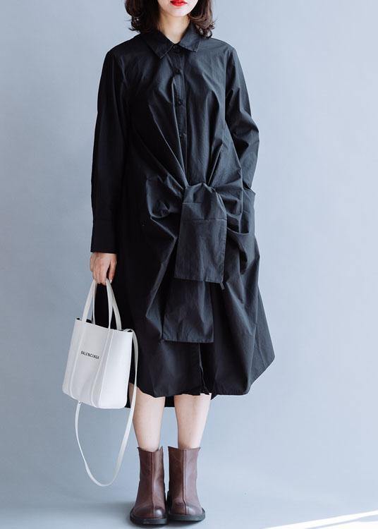 DIY black cotton clothes For Women lapel asymmetric long fall Dress - SooLinen