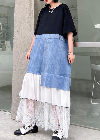 DIY black cotton clothes Women o neck patchwork cotton robes summer Dress - SooLinen