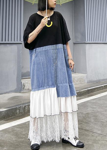 DIY black cotton clothes Women o neck patchwork cotton robes summer Dress - SooLinen