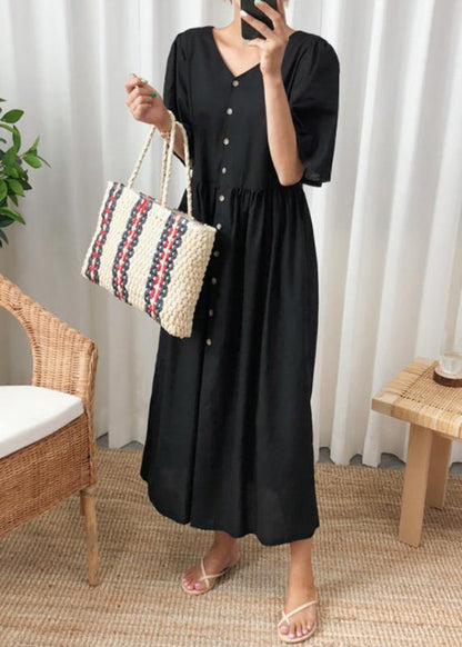 DIY black cotton linen Long Shirts v neck flare sleeve Art summer Dresses - SooLinen