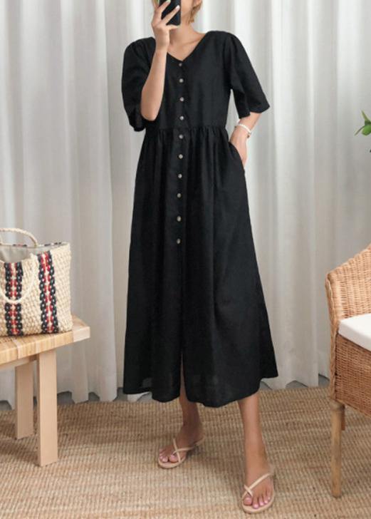 DIY black cotton linen Long Shirts v neck flare sleeve Art summer Dresses - SooLinen